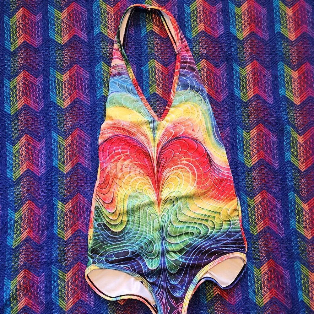The Headspace Rainbow Halter Bodysuit – Psychedelic Rave Festival One-Piece (M)